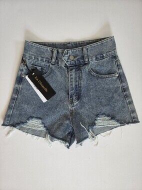 La Chapelle medium wash distressed denim shorts with a raw cutoff hem sz S/27